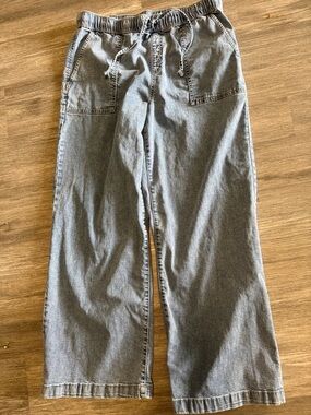 Wide-Leg Denim Drawstring Pants - stone washed Sz L (14) 31 inseam pull on
